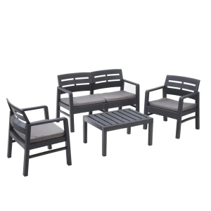 Progarden set mobilier gradina Java 4 piese, polipropilena, canapea 2L 121x58x74 cm + 2 scaune 63x58x74 cm + masa 74x55x38 cm, perne incluse, antracit - Verificat A · Re-Bloom