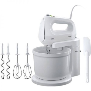 RESIGILAT Mixer cu bol Braun HM1070WH, 400 W, 4 viteze + Turbo, Bol 3 L, 2 palete, 2 carlige pentru aluat, spatula, Alb