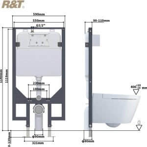 Rezervor apa WC cu cadru R&T, metal/plastic, alb/negru, 114 x 59 cm