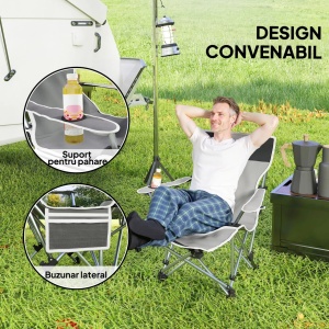 Scaun de camping pliabil si rabatabil Re-Bloom, metal/Oxford 600D, 82x50-100x88 cm, suport picioare detasabil, tetiera, 120 kg, gri - Verificat A · Re-Bloom - Img 5