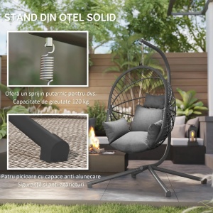 Scaun suspendat de exterior tip ou cu perna, otel/poliester/spuma/franghe PP, 115x106x188 cm, cos 90x62x114 cm, sezut 74x56cm/inaltime 43cm, capacitate 120kg, gri - Verificat A · Re-Bloom - Img 6