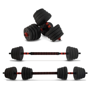 Set 2 gantere reglabile, Athletos®, 30 kg, convertibile in haltera cu bara conectoare, discuri ciment, multiple combinatii, Rosu/Negru, Resigilat, Grad A