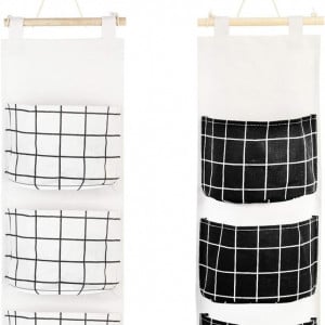 Set 2 organizatoare de perete Katoom, textil/lemn, alb/negru, 62,8 x 21, 8 cm