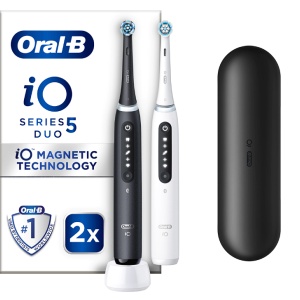 Set 2 x Periuta de dinti electrica Oral-B iO5 cu Tehnologie Magnetica si Micro-Vibratii, Inteligenta artificiala, Display conversational, Senzor de presiune Smart, 5 moduri, 2 capete, 1 incarcator, Alb/Negru, Resigilat, Grad A