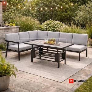 Set 2 x set mobilier gradina Kiwari Montverde, canapea coltar 6 locuri 72/67x166/160x60 cm + masa reglabila 117x63.5x47-67 cm, cadru metal, 9 perne detasabile, terasa/gradina, negru/gri - Img 3