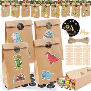 Set 24 pungi cu stickere, cleme si ata Thexiu, hartie/lemn, multicolor, 13 x 8 x 22 cm