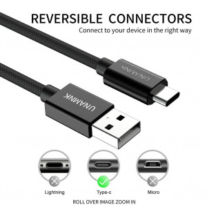 Set de 3 cabluri de incarcare rapida USB C UNAMNK, nailon/metal, negru, 2m/2m /0,3 m 