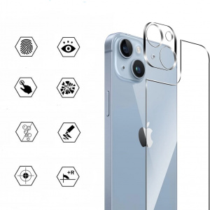 Set 3 folii pentru camera si 2 pentru spatele telefonului iPhone 14 Plus Effcotuo, sticla securizata, transparent, 6,7 inchi