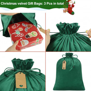 Set 3 saci pentru cadouri de Craciun Advantez, catifea, rosu/verde inchis, 41 x 50,5 cm