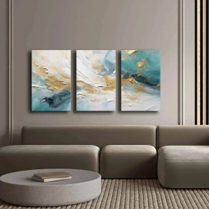 Set 3 tablouri decorative canvas 45x70 cm, panza 100% grosime 2.8mm, rama lemn pin 100%, dimensiune totala 145x70 cm, alb/auriu/albastru - Verificat A · Re-Bloom - Img 3