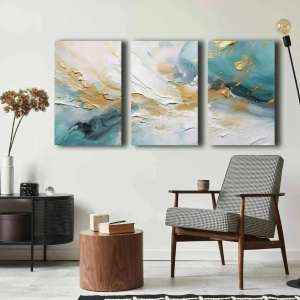 Set 3 tablouri decorative canvas 45x70 cm, panza 100% grosime 2.8mm, rama lemn pin 100%, dimensiune totala 145x70 cm, alb/auriu/albastru - Verificat A · Re-Bloom - Img 2