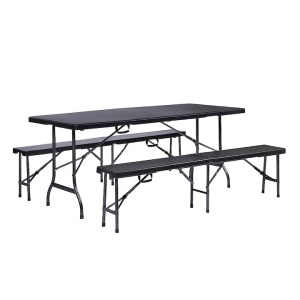 Set 7 x set mobilier gradina Kiwari masa pliabila 180x75x74 cm + 2 banci, 6 persoane, cadru metalic, negru