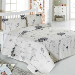 Set cuvertura matlasata + 2 fete de perna, 65% bumbac/35% poliester, 240x220 cm + 2x60x60 cm, umplutura fibra 100%, 260g/m², bej/gri - Verificat A · Re-Bloom