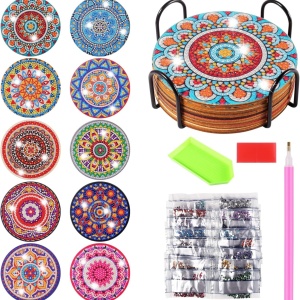 Set de 10 coastere Foonii, lemn/acril, multicolor, 10 cm