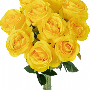 Set de 10 trandafiri artificiali Hawesome, matase/plastic, galben/verde, 54 cm - Img 1