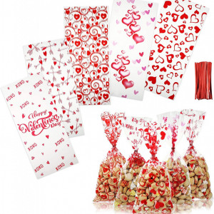 Set de 100 pungi pentru dulciuri Kesote, platic, transparent/rosu, 27,5 x 12,5 cm