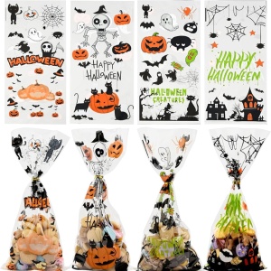 Set de 100 pungi pentru Halloween Tslbw, plastic, multicolor, 12,5 x 27,5 cm