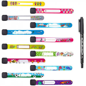 Set de 12 bratari pentru urgenta si un marker pentru copii ARVONO, PVC, multicolor, 19,5 x 2,1 cm - Img 1