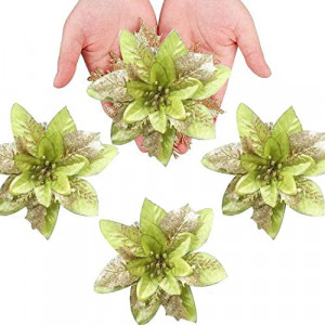 Set de 12 flori de Craciun Anyingkai, plastic, verde/auriu, 14 cm - Img 6