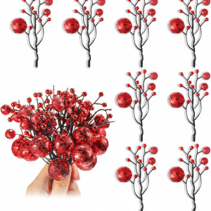 Set de 12 ramuri cu fructe de padure artificiale pentru decoratiuni Syhood, plastic/spuma, rosu/negru, 11 x 7 cm 