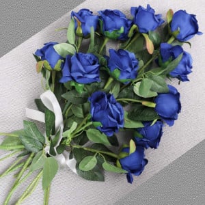Set de 12 trandafiri artificiali Hawesome, matase/plastic, albastru/verde, 52 x 7 cm - Img 3