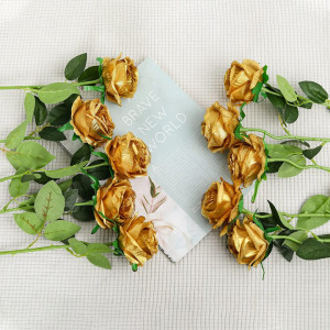 Set de 12 trandafiri artificiali Hawesome, matase/plastic, auriu/verde, 52 x 7 cm - Img 2