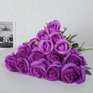 Set de 12 trandafiri artificiali Hawesome, matase/plastic, violet/verde, 52 x 7 cm - Img 6