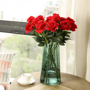 Set de 12 trandafiri artificiali YiYa, plastic/matase/metal, rosu, 45 cm - Img 6