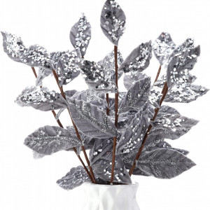 Set de 15 crengute cu frunze decorative Geosar, metal/matase, gri/argintiu, 34 x 10 cm