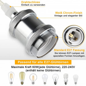 Set de 2 kit-uri de lumina pentru soclu E27 Befurglor, cablu reglabil 1,2 m, metal, alb crom - Img 5