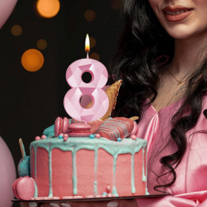 Set de 2 lumanari pentru aniversare 18 ani PARTY GO, model diamant, ceara, roz, 7 cm 