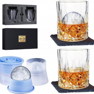 Set de 2 pahare pentru whisky, 2 forme penstru gheata si 2 suporturi Lighten Life, sticla/plastic, transparent/albastru, 286 ml - Img 6