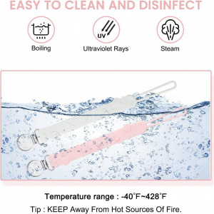 Set de 2 suporturi cu clema pentru suzeta bebelusului Cldy, silicon, roz/alb, 23 cm 