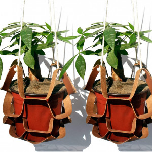Set de 2 suporturi pentru ghivece de plante YYUNANG, piele/metal/textil, brun, 31 x 75 cm - Img 1