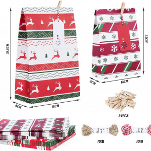 Set de 24 pungi cu autocolante pentru calendar de advent Agoer, alb/verde/rosu, hartie/textil/lemn, 31,5 x 18 x 8 cm / 22 x 13 x 6 cm - Img 7