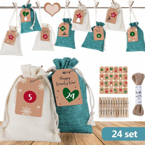Set de 24 saculeti cu autocolante si clips pentru calendar de advent Homewit, textil/hartie/lemn, multicolor, 14 x 10 cm
