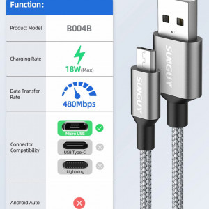 Set de 3 cabluri micro USB de incarcare rapida SUNGUY, compatibil cu Android Huawei P9 Lite / P8 / P7 / mate 10/9 lite / mate8 / 7, Samsung Galaxy S7 S6 S4 Note5 Note4 J7 J5, nailon, gri, 1,5 m - Img 6