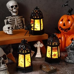 Set de 3 felinare pentru Halloween Weewooday, LED, metal/plastic, negru, 7,3 x 13 cm