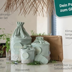 Set de 3 saci pentru depozitare Glückstoff®, iuta/bumbac, verde menta/alb