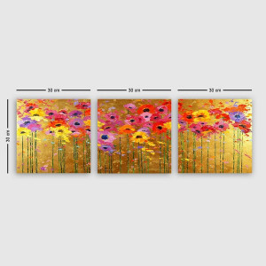 Set de 3 tablouri Latitude Run, model floral, panza/lemn, multicolor, 30 x 90 cm