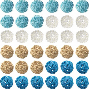 Set de 36 bile decorative Jangostor, ratan, albastru/alb/natur, 5 cm