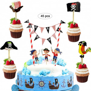 Set de 45 piese pentru decorare tort/prajituri JAHEMU, tematica pirati, multicolor - Img 1