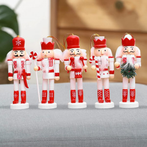 Set de 5 figurine pentru Craciun LIROPAU, lemn, alb/rosu, 12 cm