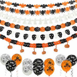 Set de 6 ghirlande si 12 baloane pentru Halloween Koogel, alb/negru/portocaliu, hartie/latex - Img 3