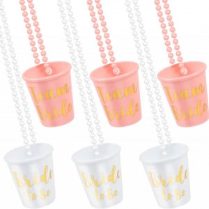 Set de 6 pahare cu coliere pentru nunta Bakiauli, plastic, alb/roz/auriu, 5,1 x 5,7 cm - Img 1