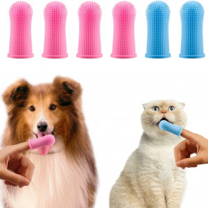 Set de 6 periute de dinti pentru caini/pisici RUNEAY, silicon, roz/albastru, 5 x 2,5 cm