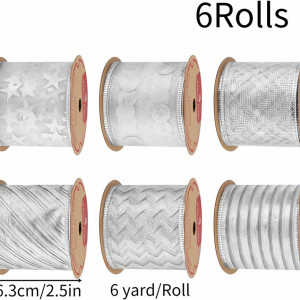 Set de 6 role de panglica pentru cadouri de Craciun Jodsen, textil, argintiu, 6 m x 63 mm - Img 5