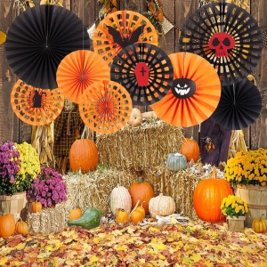 Set de 9 decoratiuni pentru Halloween Sunbeauty, hartie, portocaliu/negru/rosu