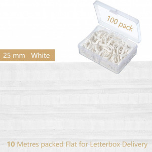 Set de banda cu 100 de carlige pentru perdele WILLBOND,  plastic/textil, alb, 10 m x 2,5 cm / 2,8 x 1,2 cm