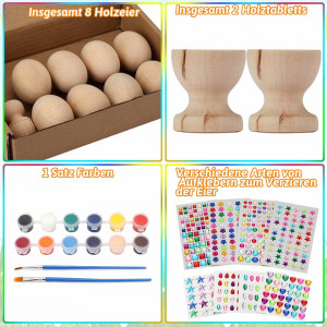 Set de creatie cu 8 oua pentru Paste, 2 suporturi si accesorii de vopsit Sunanfbest, multicolor, lemn/vopsea, 6 x 4,3 cm - Img 6